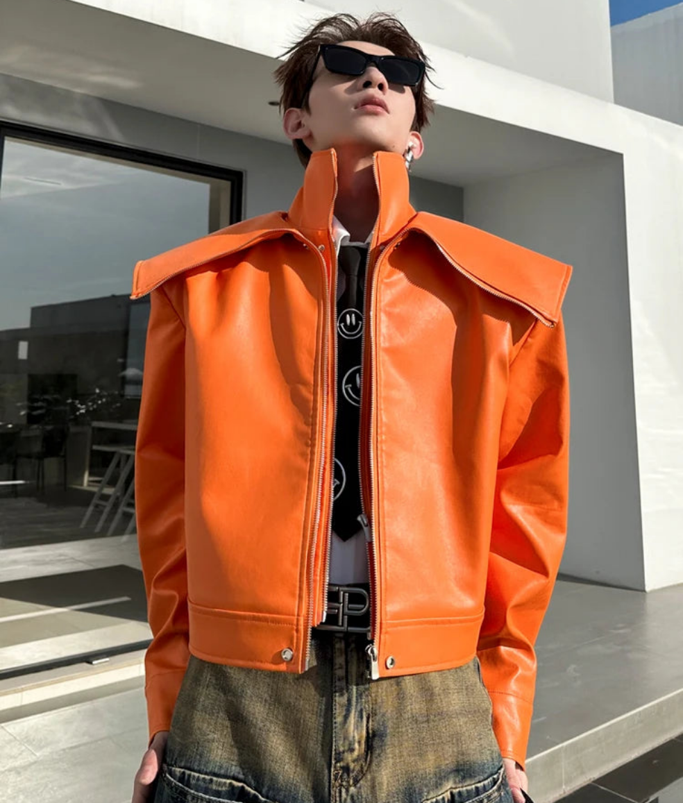 Oversized Black & Orange Faux Leather Jacket by Snagg A Jacket