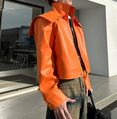 Oversized Black & Orange Faux Leather Jacket by Snagg A Jacket