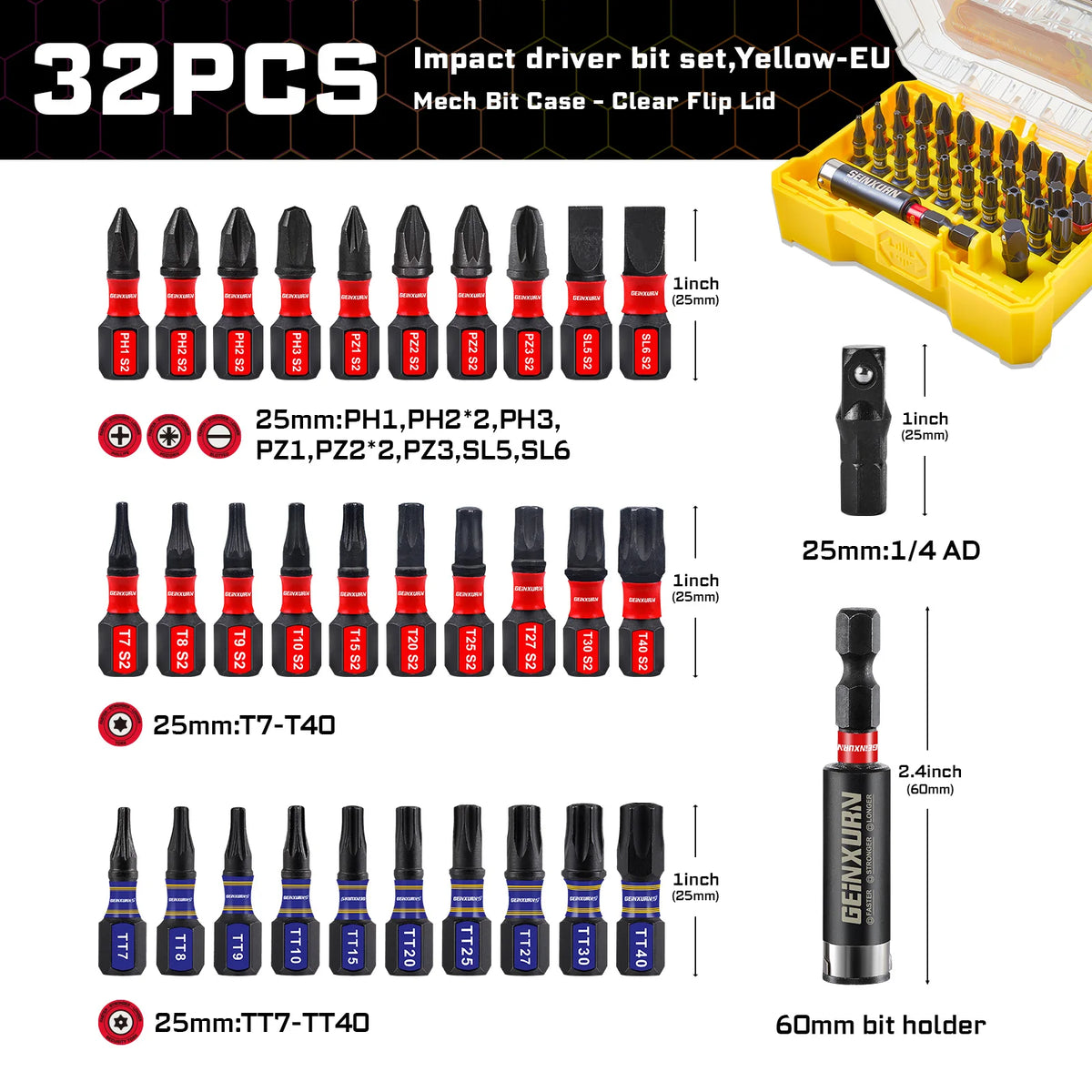 32PCS Impact Screwdriver Bits Set – PH/SL/PZ/Torx/Hex Multi Insert Bits with Magnetic Bit Holder & Adapter