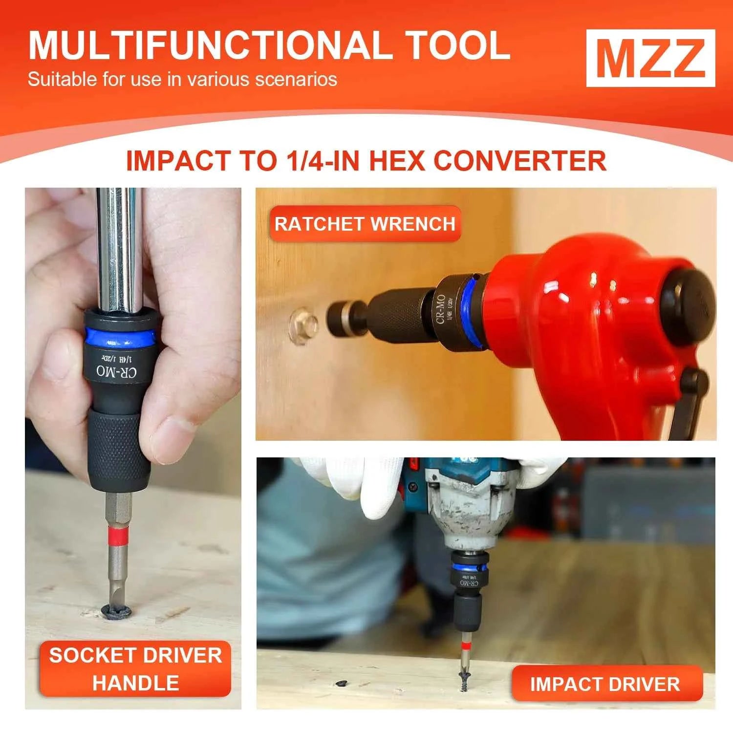 3pcs Impact Hex Converter for Screwdriver Bit 1/2 3/8 1/4-Inch Square Drive to 1/4-Inch Quick Release