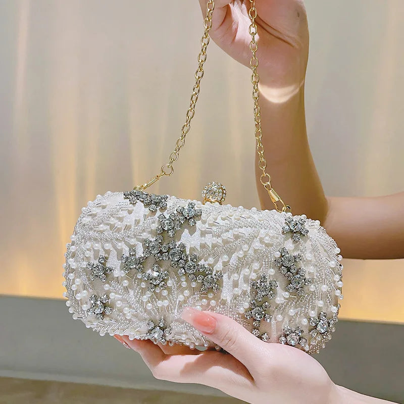 Handmade Crystal Pearl Flower Evening Clutch
