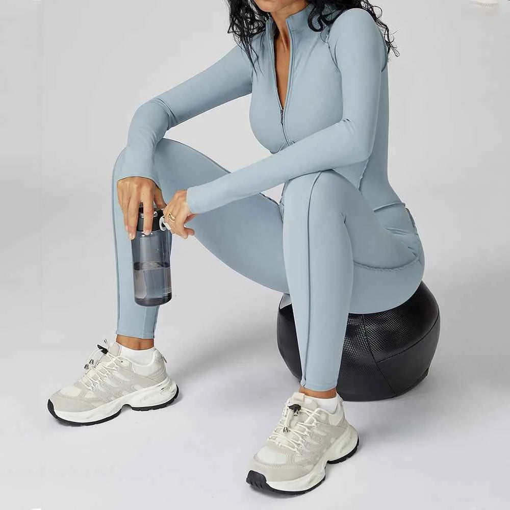 Women's Long Sleeve Yoga Bodysuit | Zipper One-Piece Gym Jumpsuit High-Intensity Fitness Tights