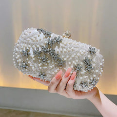Handmade Crystal Pearl Flower Evening Clutch
