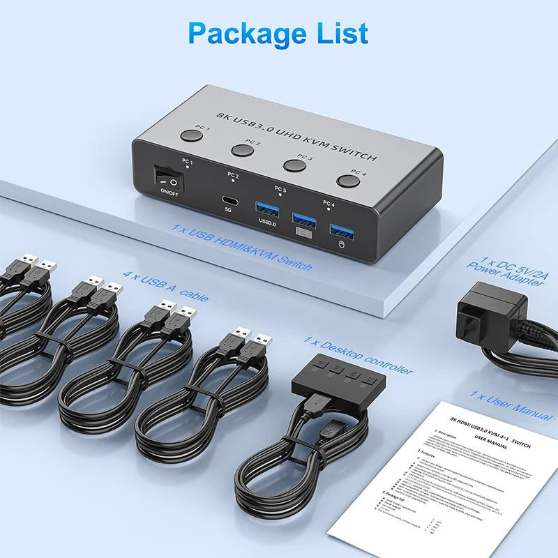 8K@60Hz / 4K@120Hz HDMI 2.1 KVM Switch – 4 PC, USB 3.0, Share Monitor, Keyboard, Mouse & Printer