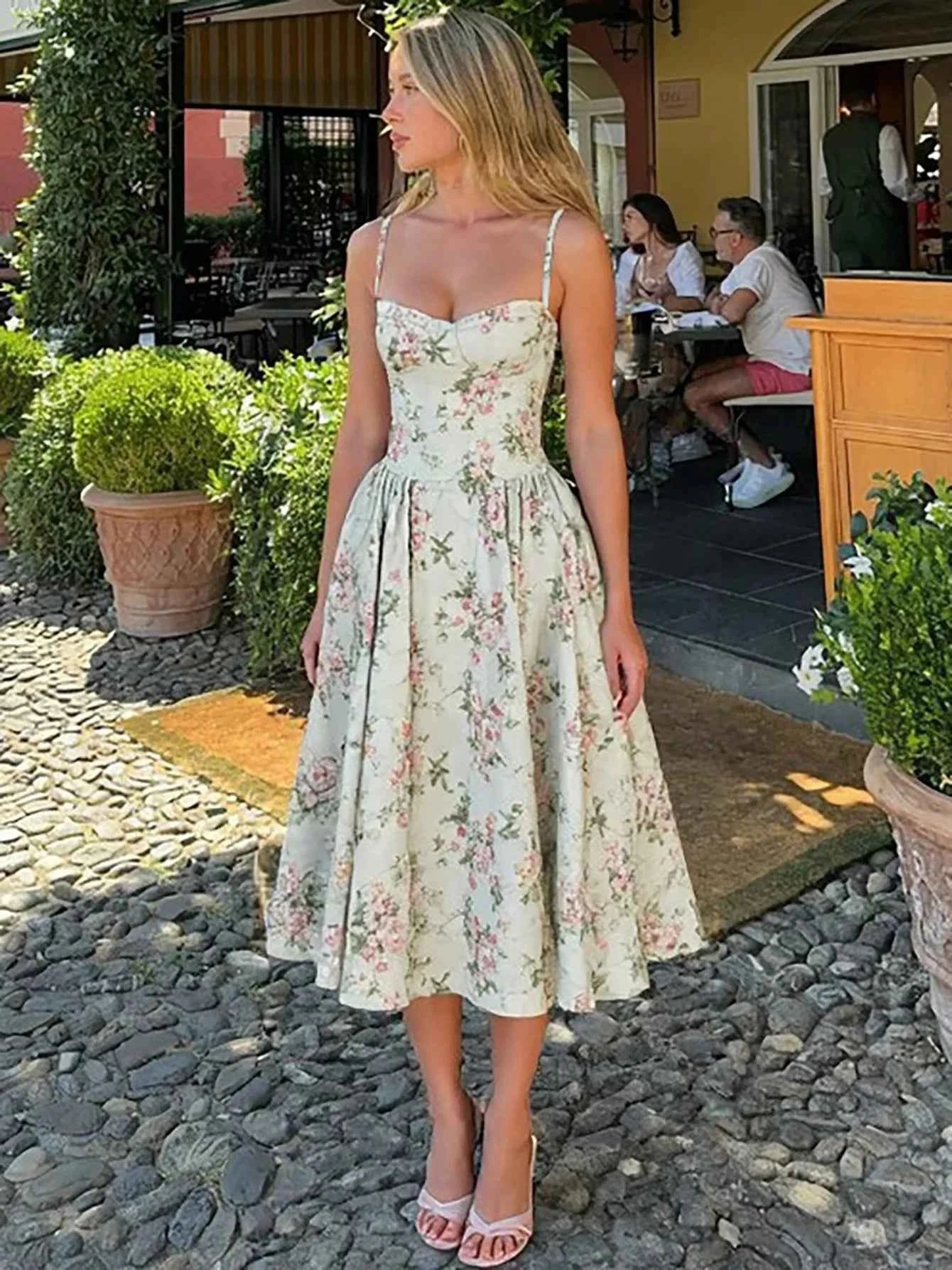 Vintage Floral High Waist A-Line Midi Dress – Women's Sundress for Wedding Guest & Evening