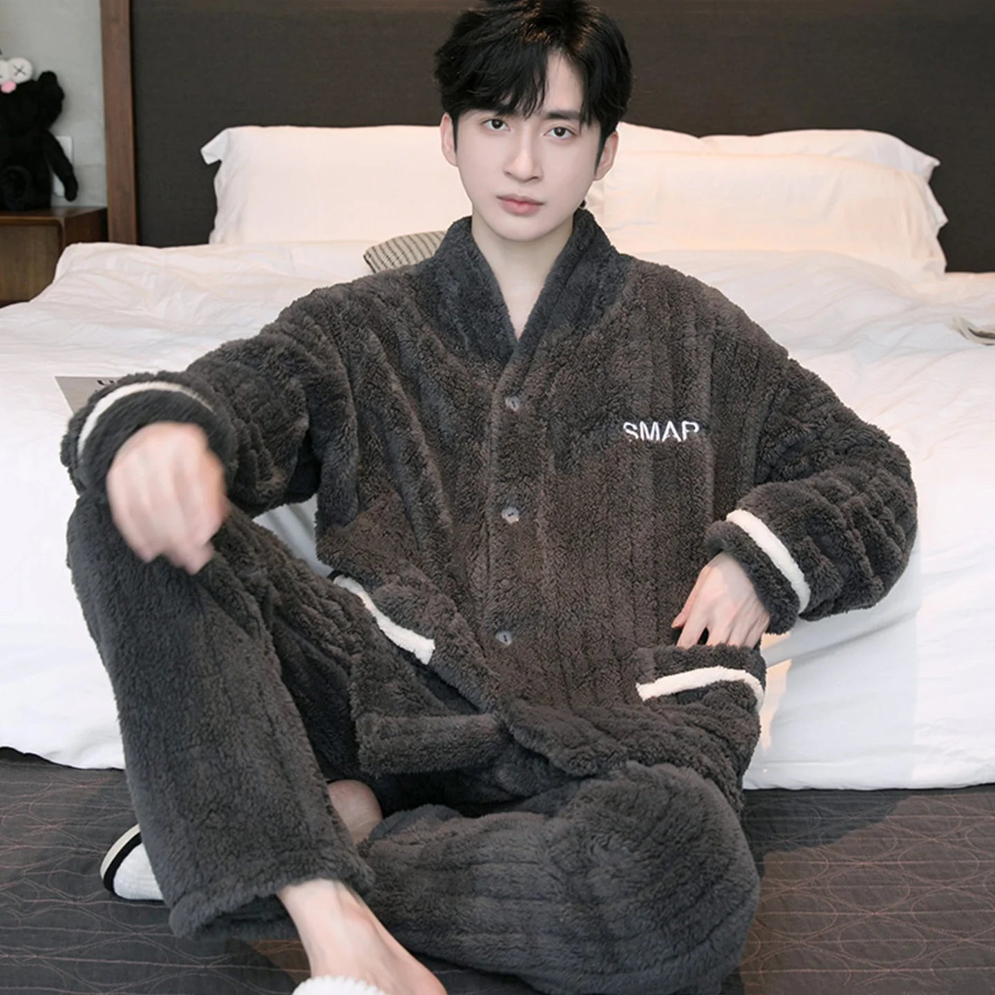 Men's Thickened Flannel Sleepwear Set | Coral Fleece Long Sleeve V-Neck Button Warm Loungewear