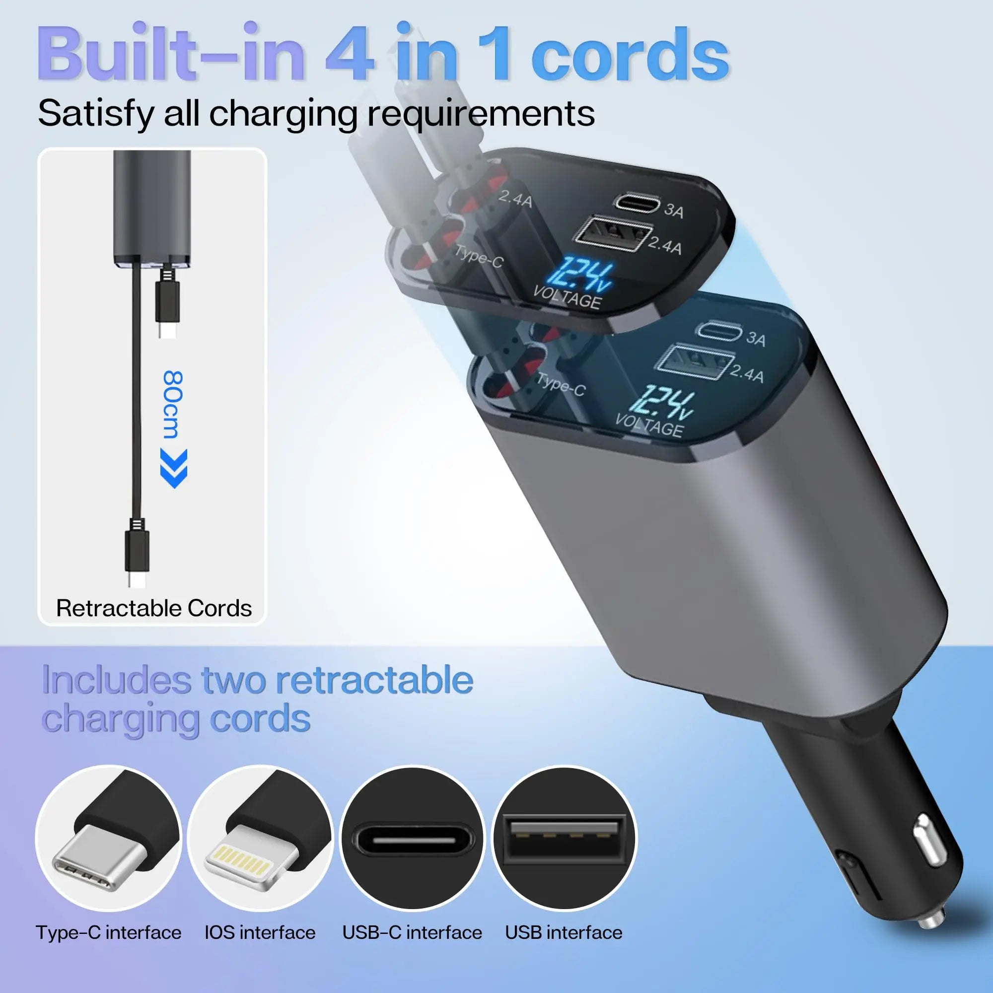 120/66w - 4 in 1 Retractable Car Charger by Snagg A Car Adapter