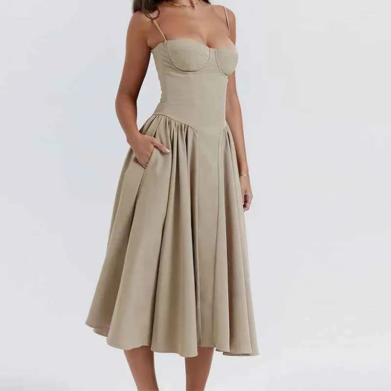 Vintage Floral High Waist A-Line Midi Dress – Women's Sundress for Wedding Guest & Evening