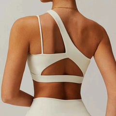 Women's Oblique Shoulder Yoga Bra | Hollow-Out Back Push-Up Gym Running Fitness Vest Workout Top