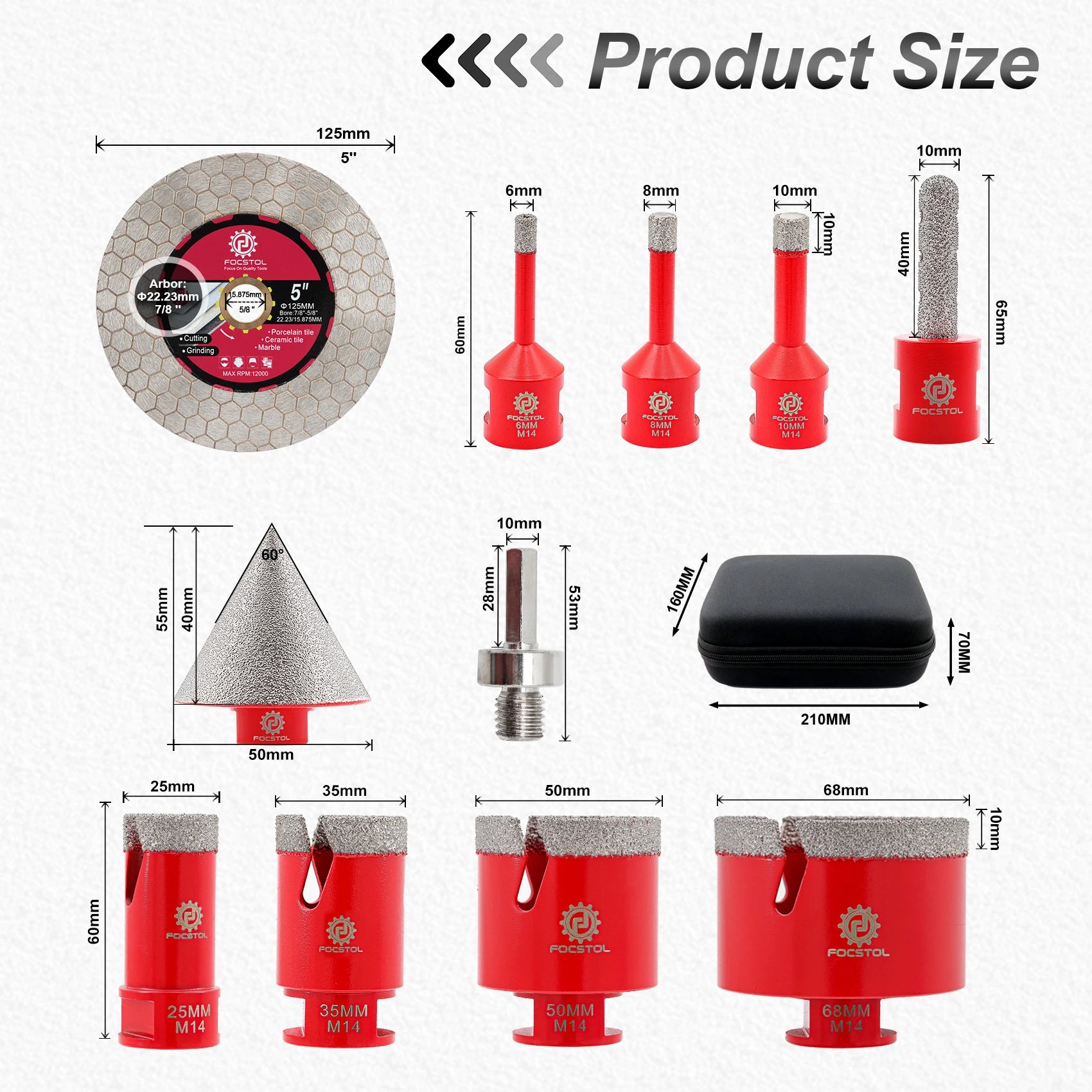 Diamond Drill Bit 11pcs Set | Ceramic Porcelain Tile Granite Marble Chamfer Milling Bit Hole Saw CE