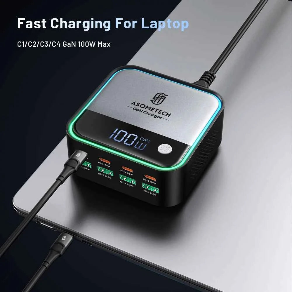 GaN USB-C 8-Port Mini Desktop Charger | Ambient LED 4× 100W PD PPS Fast Charger Laptop Phone
