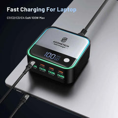 GaN USB-C 8-Port Mini Desktop Charger | Ambient LED 4× 100W PD PPS Fast Charger Laptop Phone