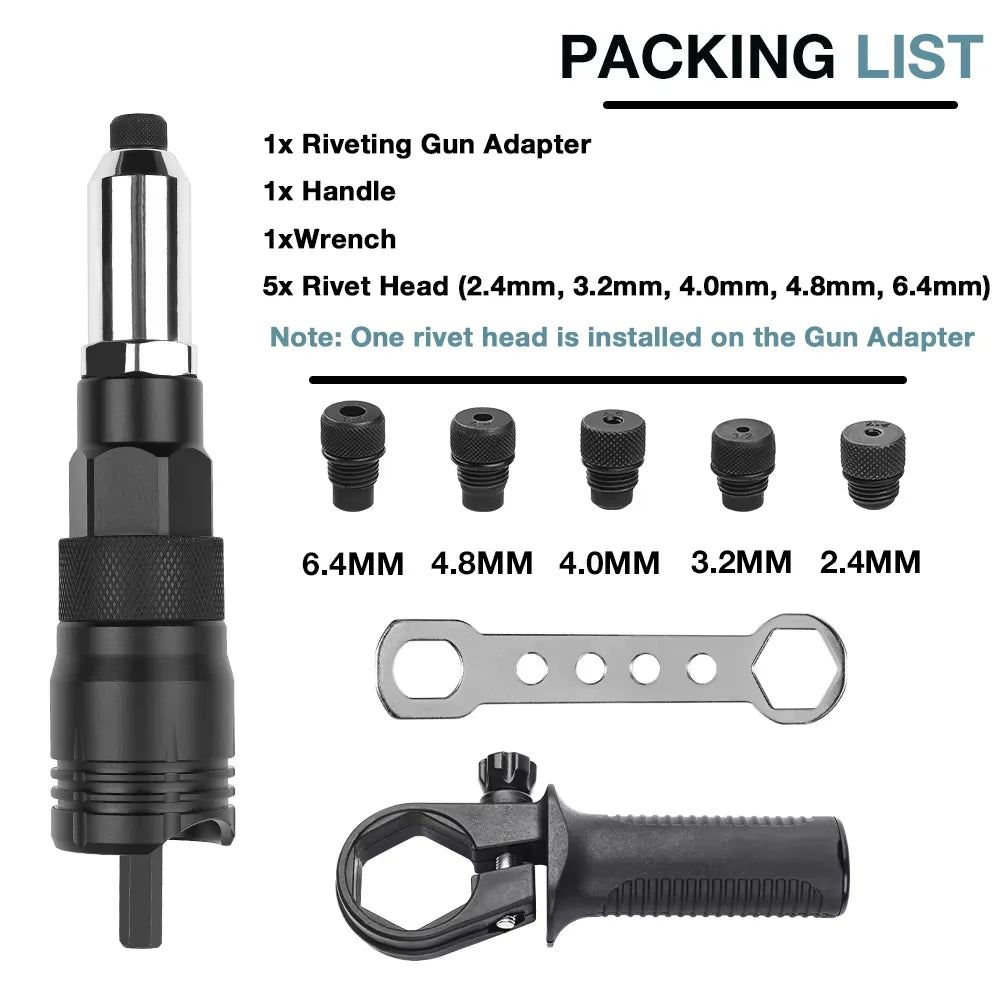 Electric Rivet Nut Tool Adapter – 2.4–6.4mm Thread Heads with Handle & Wrench