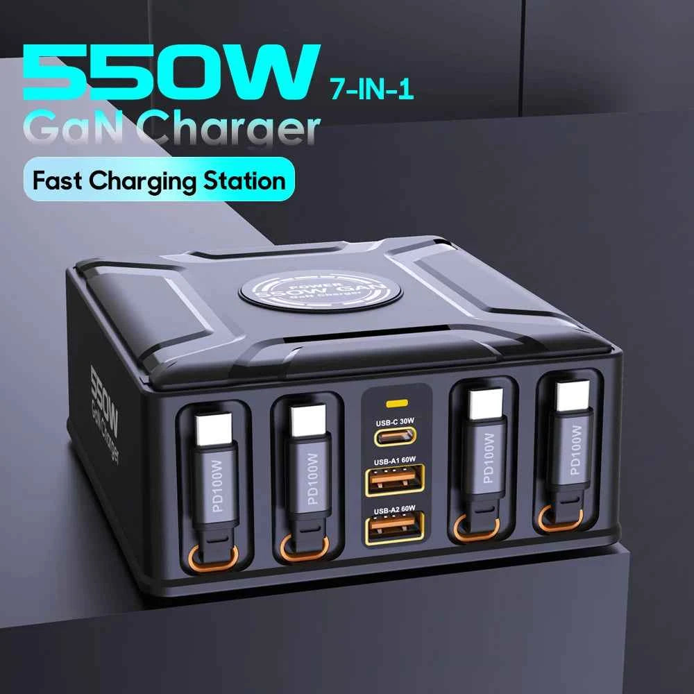 550W 7-in-1 GaN Charging Station | 100W Retractable USB-C Cable Fast Charger Laptop Phone Tablet