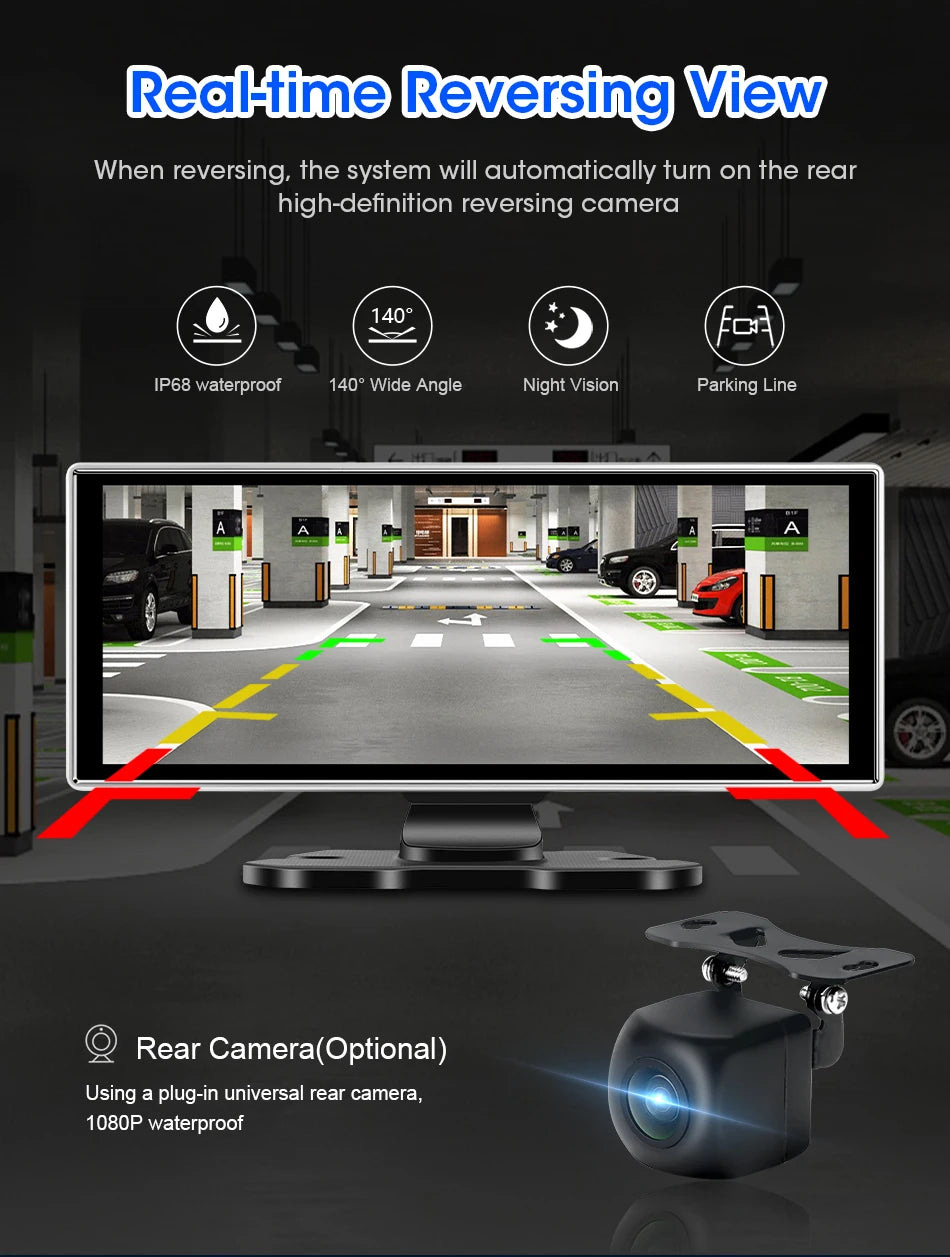 10/11.26 inch Dash Cam 4K Car DVR Wireless Carplay & Android Auto GPS Navigation Video Recorder Dashboard Dual Lens
