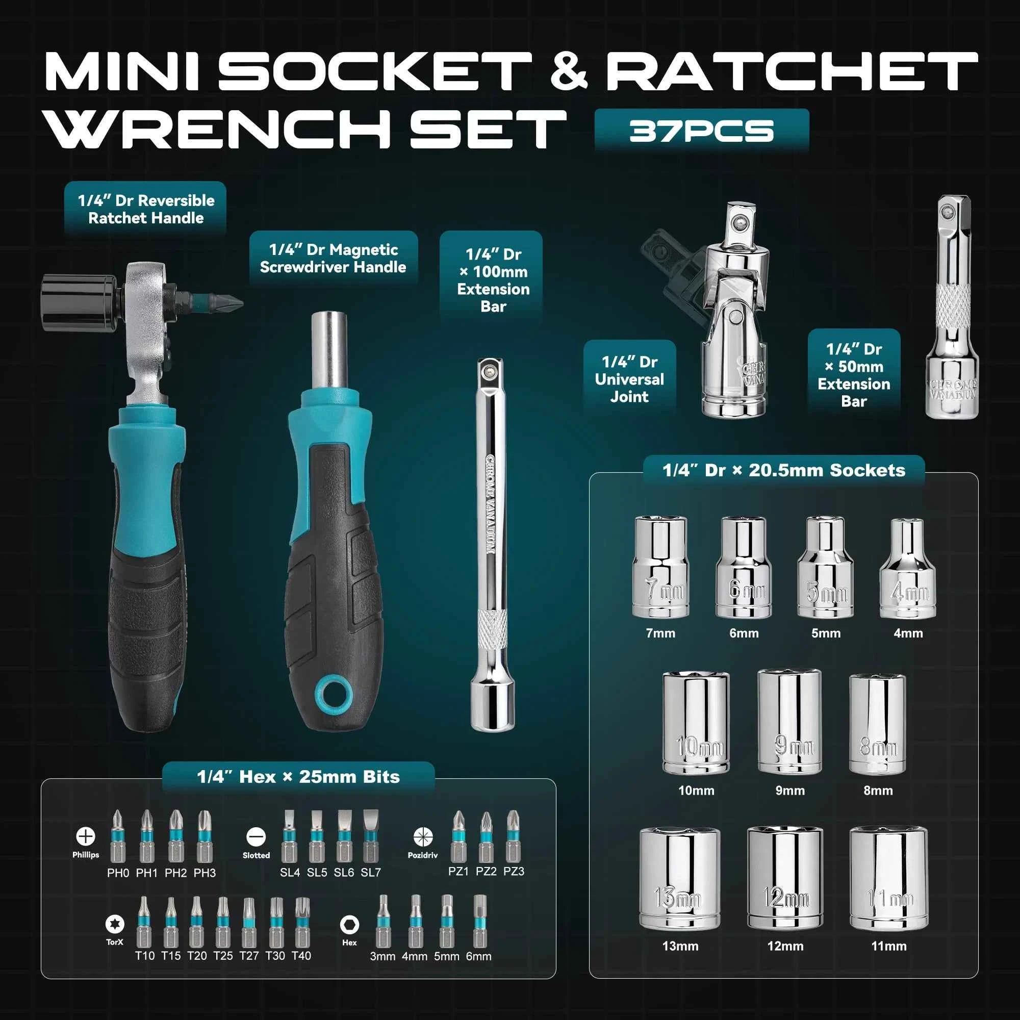 37-Piece 1/4" Mini Ratchet Socket Set – 4–13mm Magnetic Drive Handle, Extensions & Universal Joint for DIY & Car Repair