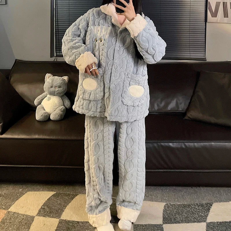 Men's Coral Fleece Pajama Set | Thickened Flannel Double-Breasted Long Sleeve Couple Sleepwear