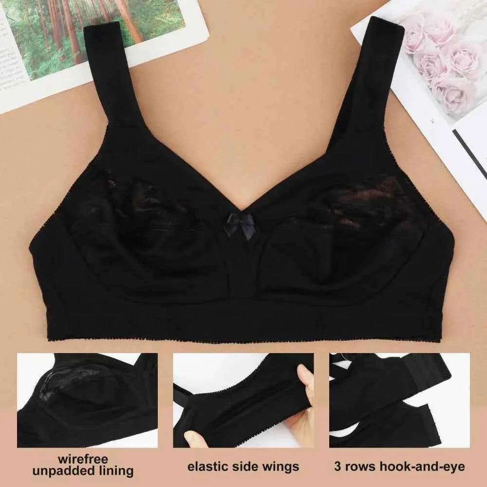 Plus Size Wire-Free Cotton Lace Bra | Full Figure Unpadded Ultra-Thin Soft Support