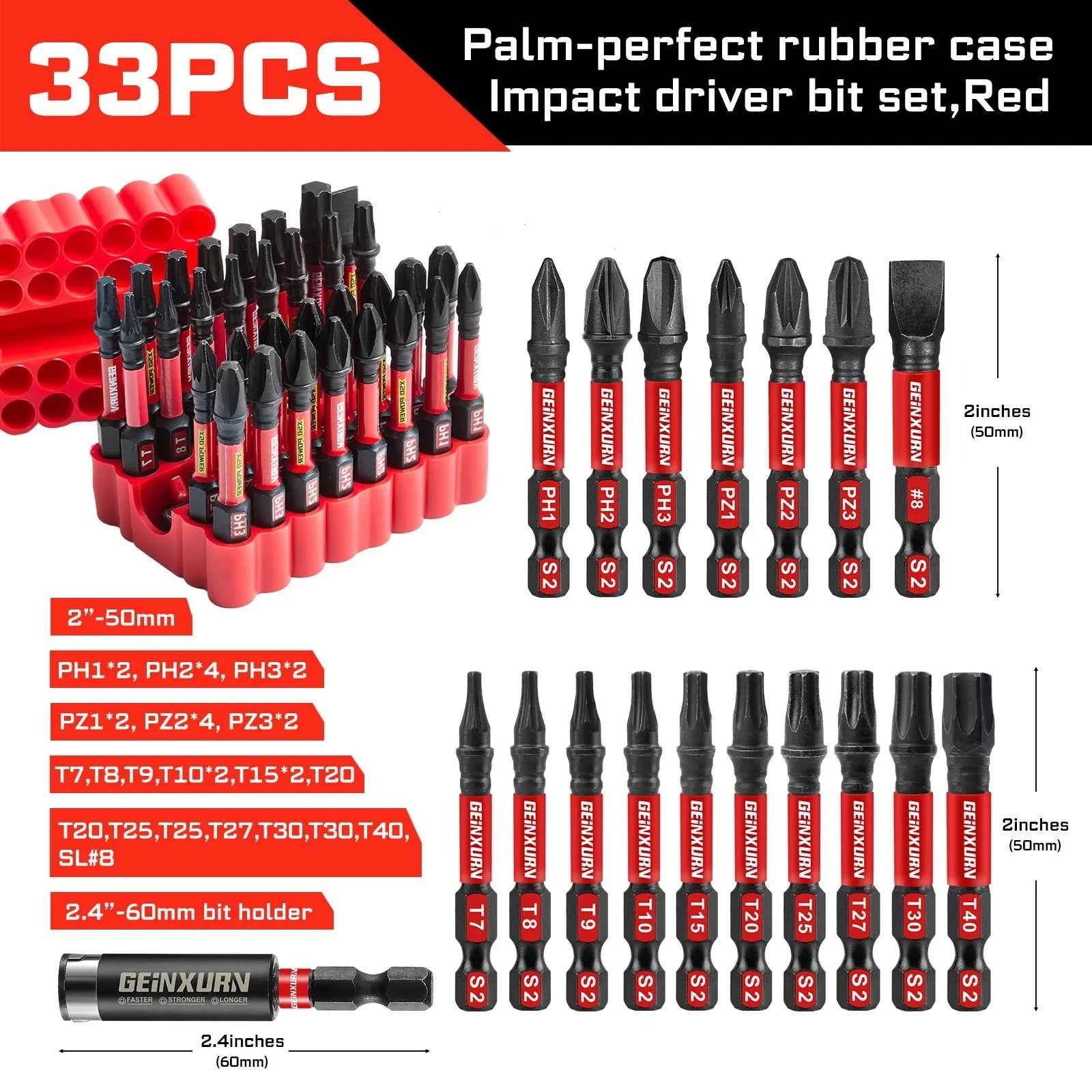 33 Pcs Professional Impact Screwdriver Bit Set | S2 Steel Magnetic Bits with 2.4" Holder & Flexible Storage Base