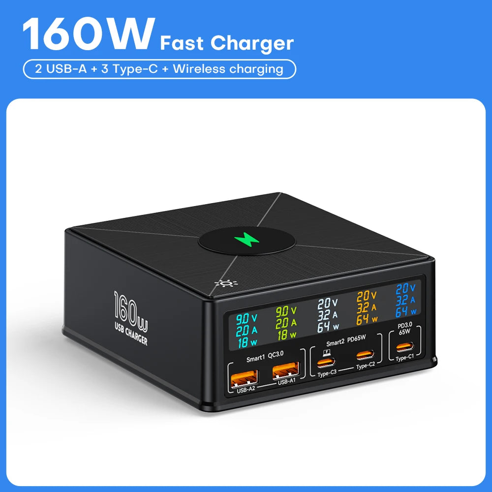 160W 5-Port USB Charging Station | 15W Wireless + 65W PD + QC3.0 Fast Charger iPhone MacBook Samsung