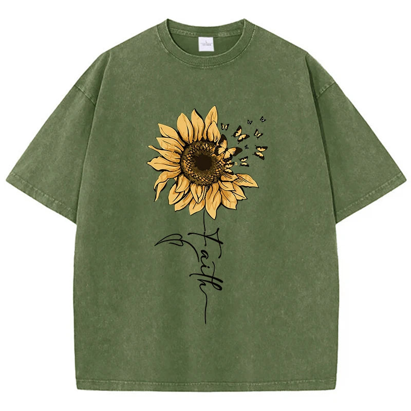 Sunflower & Butterfly Cotton Washed T-Shirt – Women's Oversized Vintage O-Neck Tee