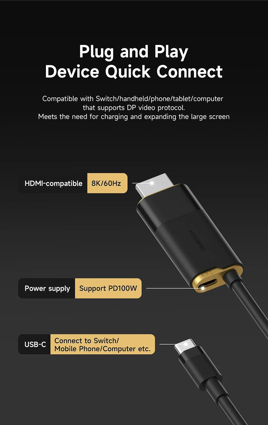 Portable TV Dock – USB-C to HDMI 8K@60Hz HDR, 100W PD for Switch 2, Steam Deck & ROG Ally
