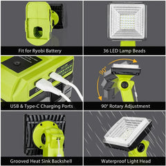 15W Cordless LED Work Light | 1500LM High Intensity Spotlight & USB Power Bank Compatible With Ryobi 18V  Batteries