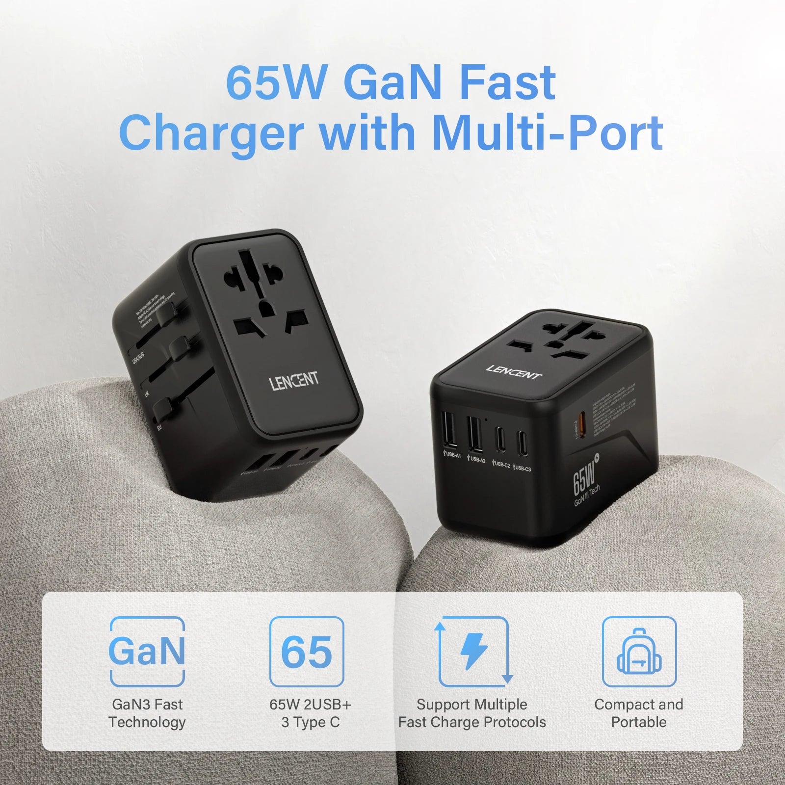 65W/100W GaN International Travel Adapter with 2USB 3 Type C by Snagg A Travel Adapter