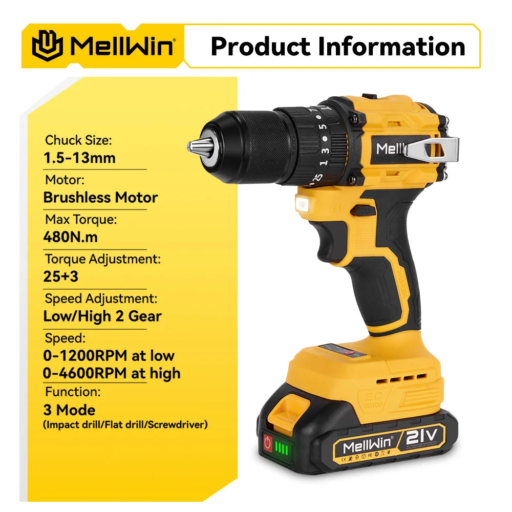 MELLWIN 480N·m Brushless Cordless Impact Drill