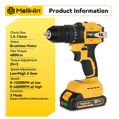 MELLWIN 480N·m Brushless Cordless Impact Drill