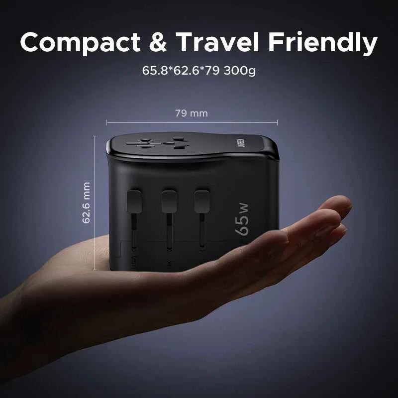UGREEN 65W Universal Travel Adapter | GaN 2× USB-C 1× USB-A AC Socket CE FCC TÜV for EU US UK AU