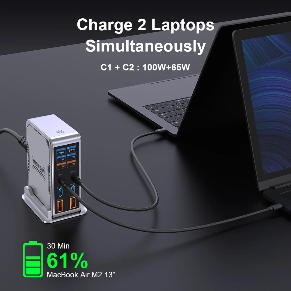 300W GaN 6-Port Digital Desktop Charging Station | PD 100W USB-C Fast Charger iPhone MacBook Laptop