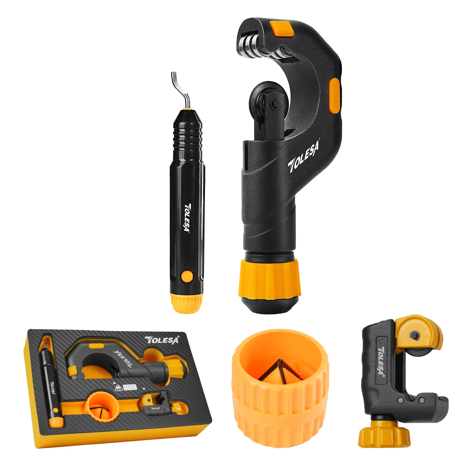4-piece pipe cutter set with mini cutter, deburring tool and reamer – image 1