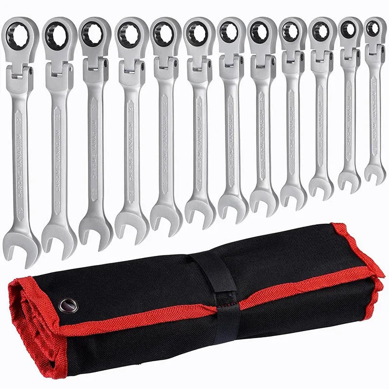 Set of ratchet wrenches with a black and red roll-up tool case on a white background