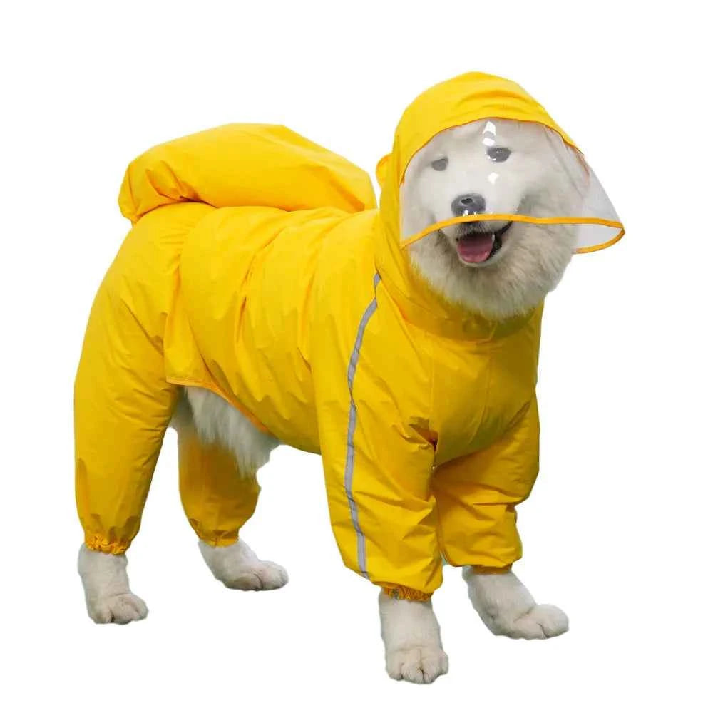 Hooded Waterproof Dog Raincoat – Full-Cover Jacket with Removable Tail Cover for Large Dogs (Up to 10XL)