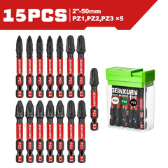 15 Pcs 2" Impact Pozi Screwdriver Bit Set – Magnetic S2 Steel Pozi Bits with Colorful Storage Box