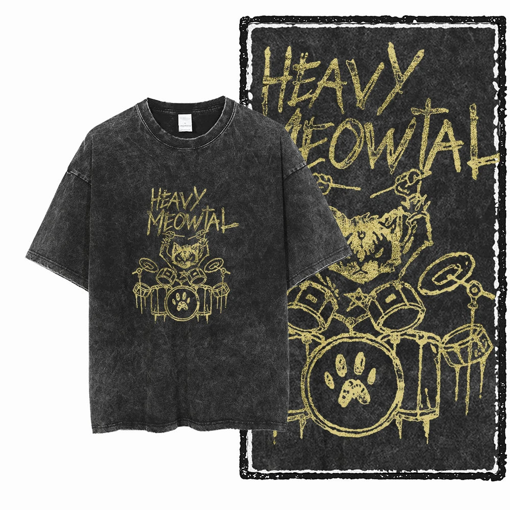 Acid Washed Cat Graphic Unisex T-Shirt | Cotton Streetwear Big Size Vintage Tee