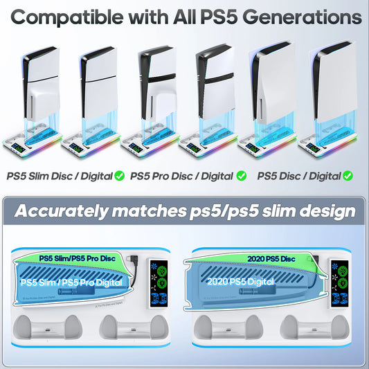 PS5 Stand with Cooling & Charging Station Compatible with PS5, Slim & Pro Models by Snagg A PS Stand