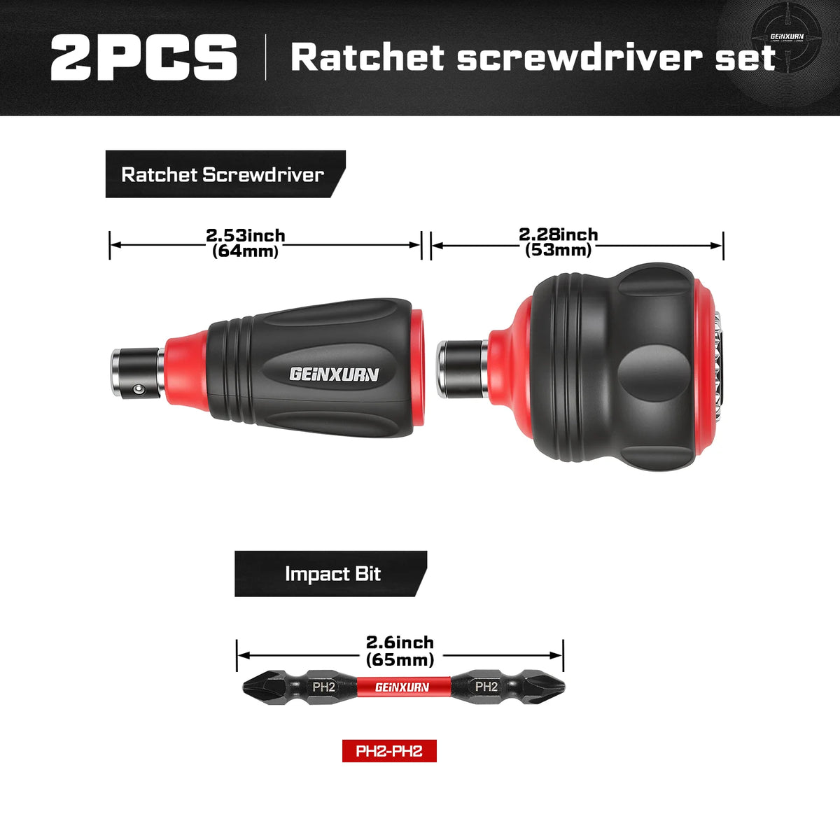 Impact Magnetic Screwdriver Set | Stubby 2-in-1 Ratchet Handle Dual-End Socket Wrench Bits Nut Driver