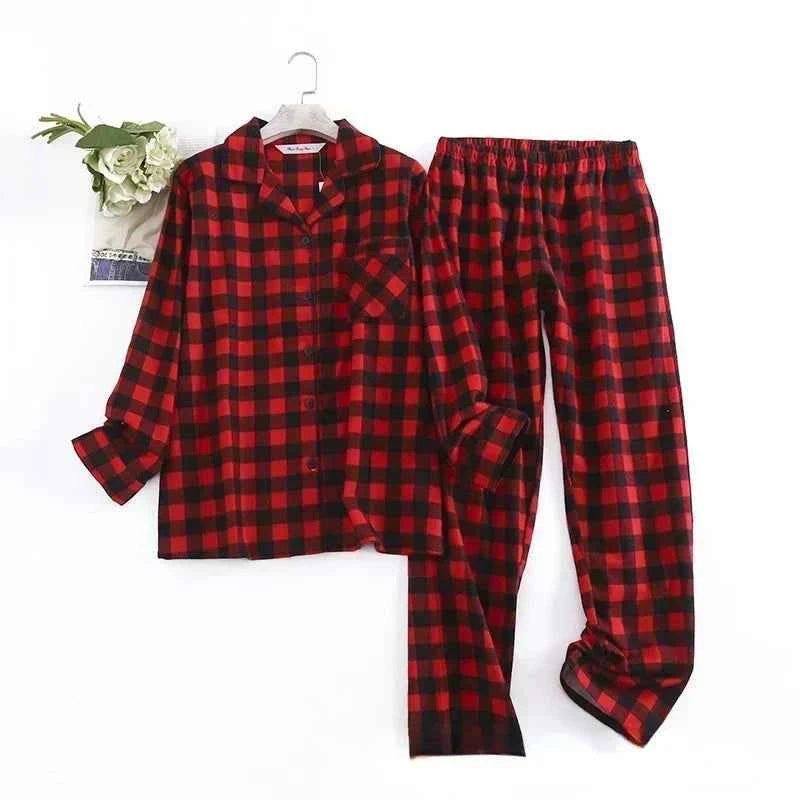 Women's Cotton Flannel Pajama Set | Plaid Long Sleeve Long Pants Loose Autumn Winter Sleepwear