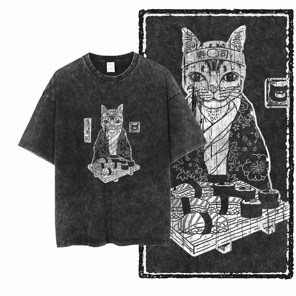 Acid Washed Cat Graphic Unisex T-Shirt | Cotton Streetwear Big Size Vintage Tee