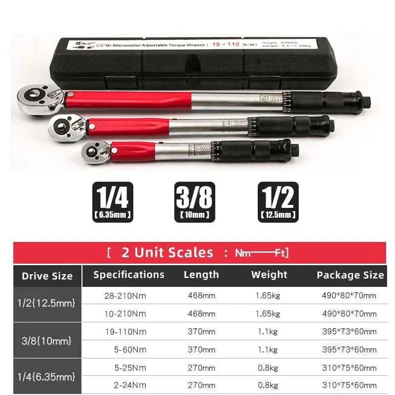 10–210 Nm Torque Wrench 1/2" – Precise Reversible Ratchet for Bicycle, Motorcycle & Automotive