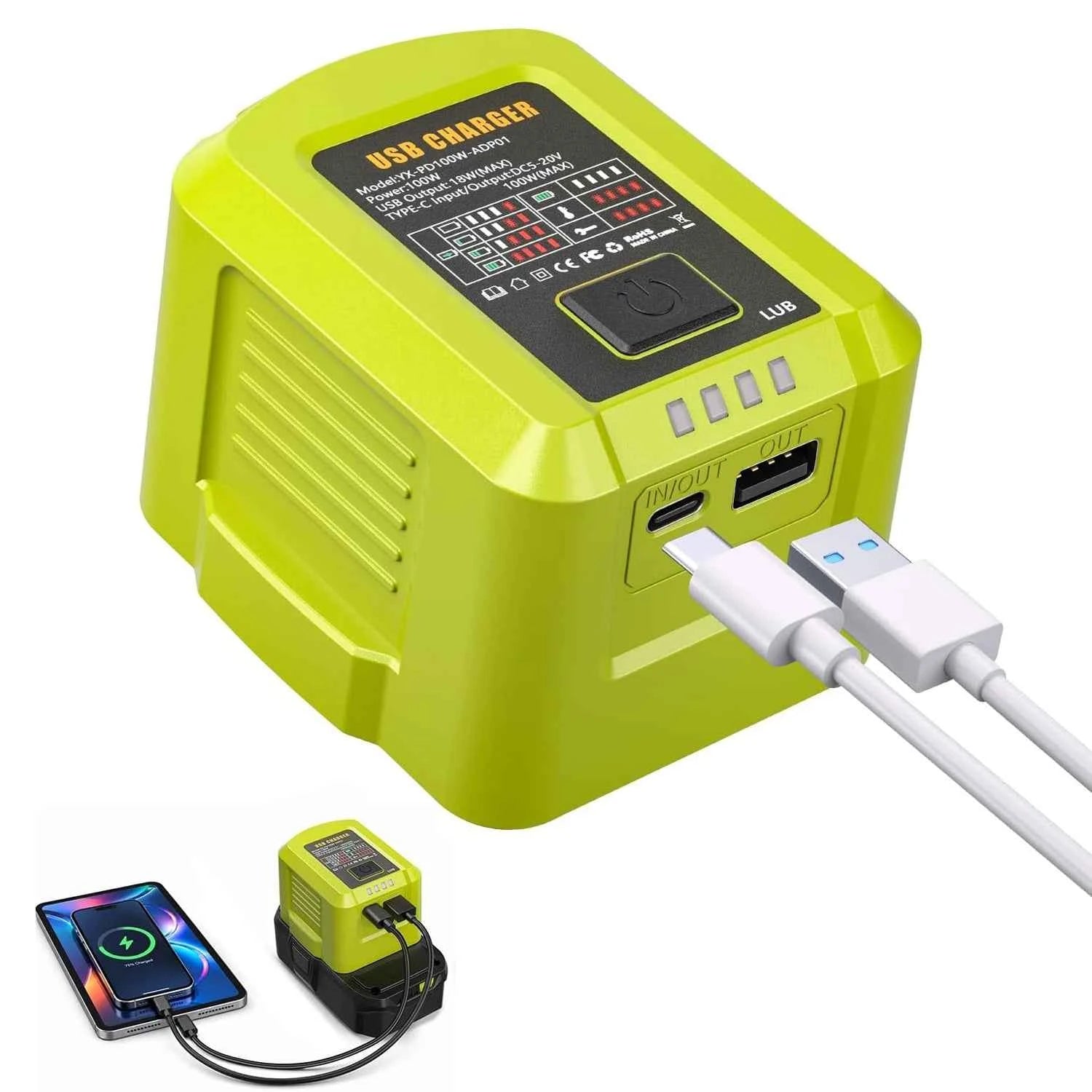 100W USB-C charger and power adapter for Ryobi 18V batteries – image 1