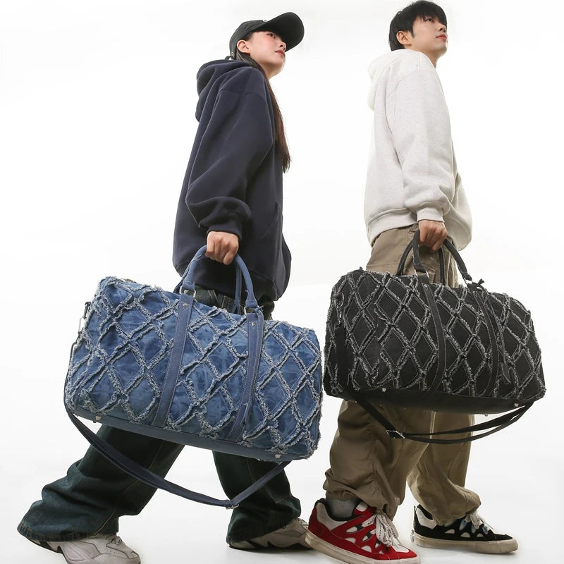 Denim Ripped-Style Duffle Bag