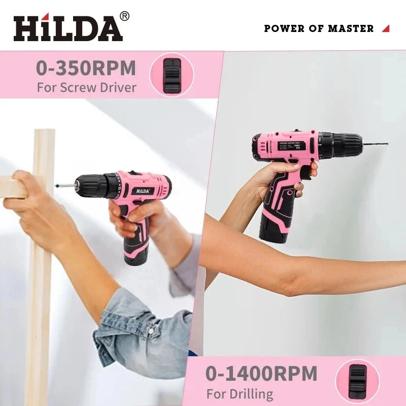 12V Pink Cordless Drill Set