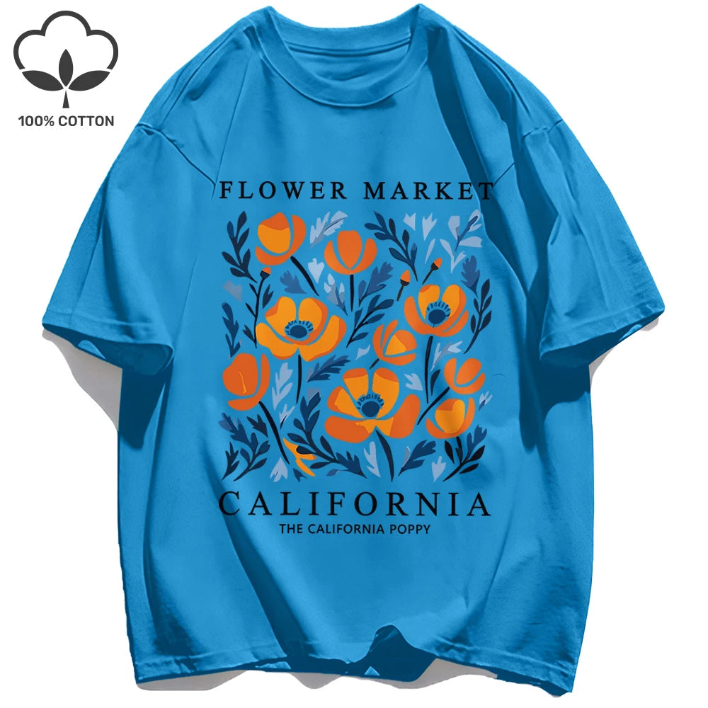 Women's California Yellow Flowers Market Print T-Shirt | Soft Cotton O-Neck Casual Crewneck Short Sleeve