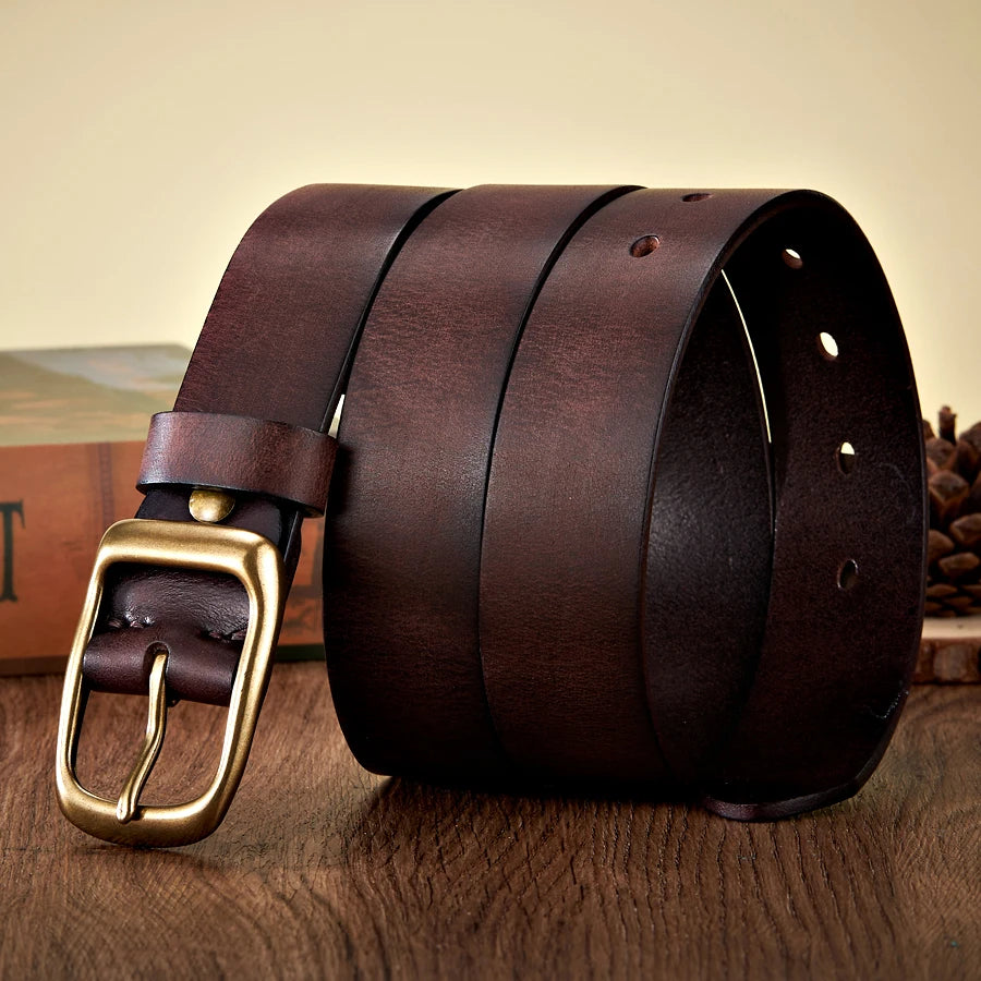 Men’s Genuine Leather Belt — 3.3cm Cowskin Strap with Solid Copper Buckle