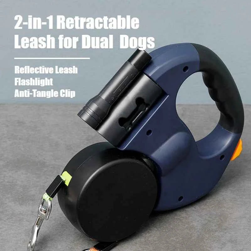 2-in-1 Retractable Dual Dog Leash – Reflective Lead with Built-In Flashlight & Anti-Tangle Clip