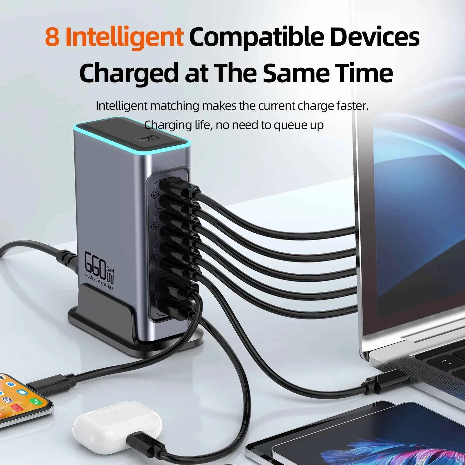 660W GaN 8-Port USB-C Desktop Fast Charging Station | USB-C PD QC3.0 for iPhone Samsung MacBook