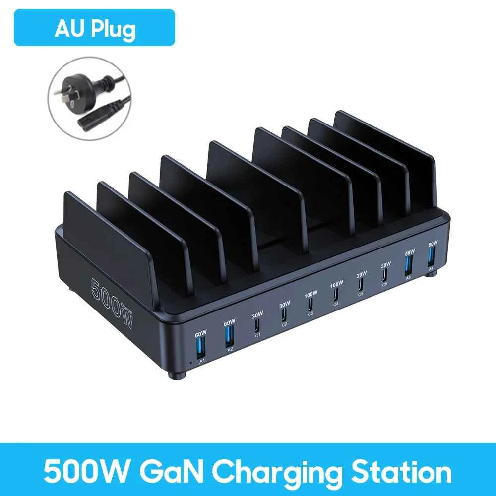 500W Multi USB-C Desktop Charging Dock | PD 100W Stand Holder Fast Charger Phone Tablet Laptop